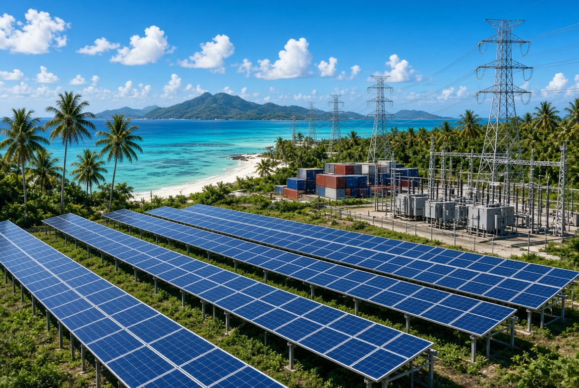 Solar panels on tropical coast with infrastructure