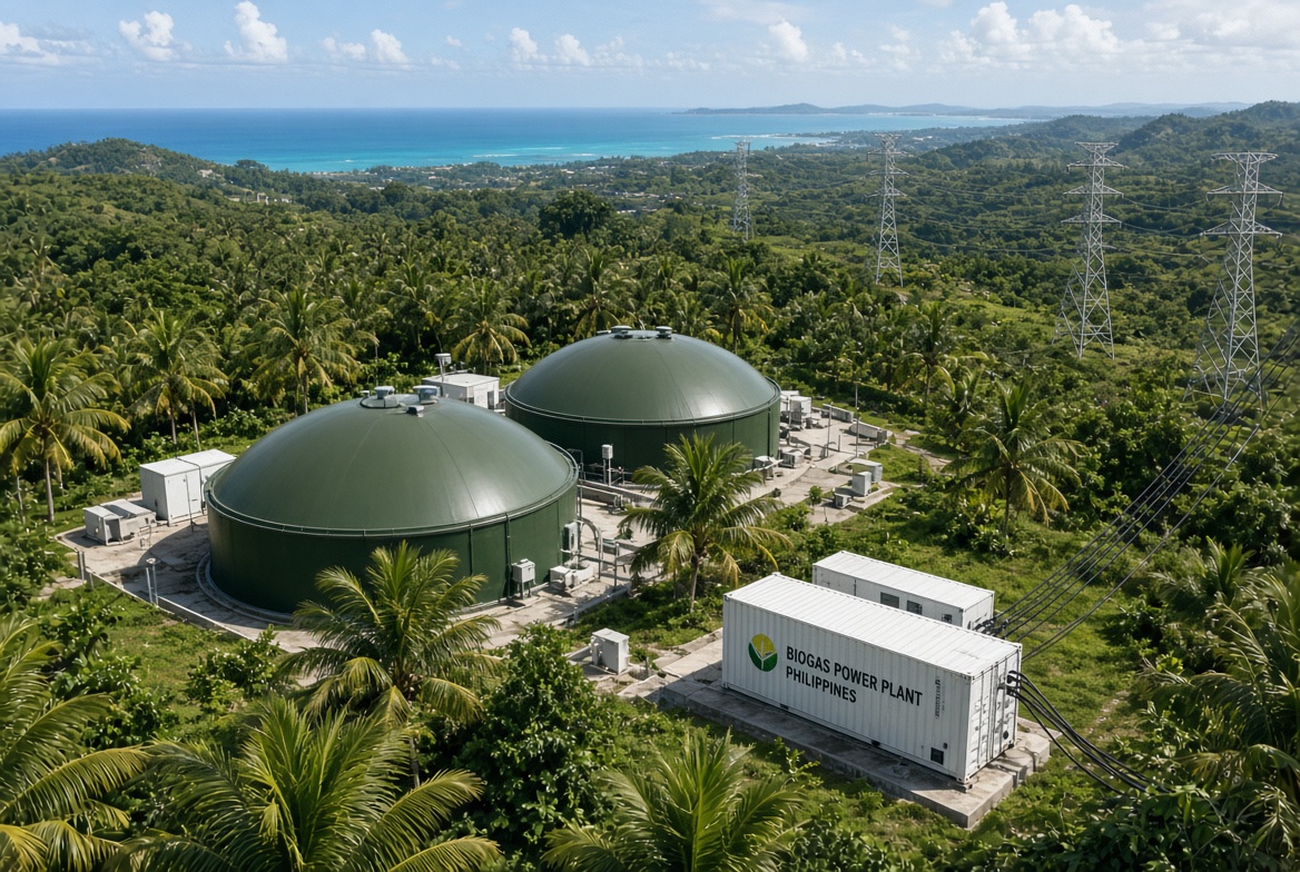 Biogas green tanks among palms with energy cables