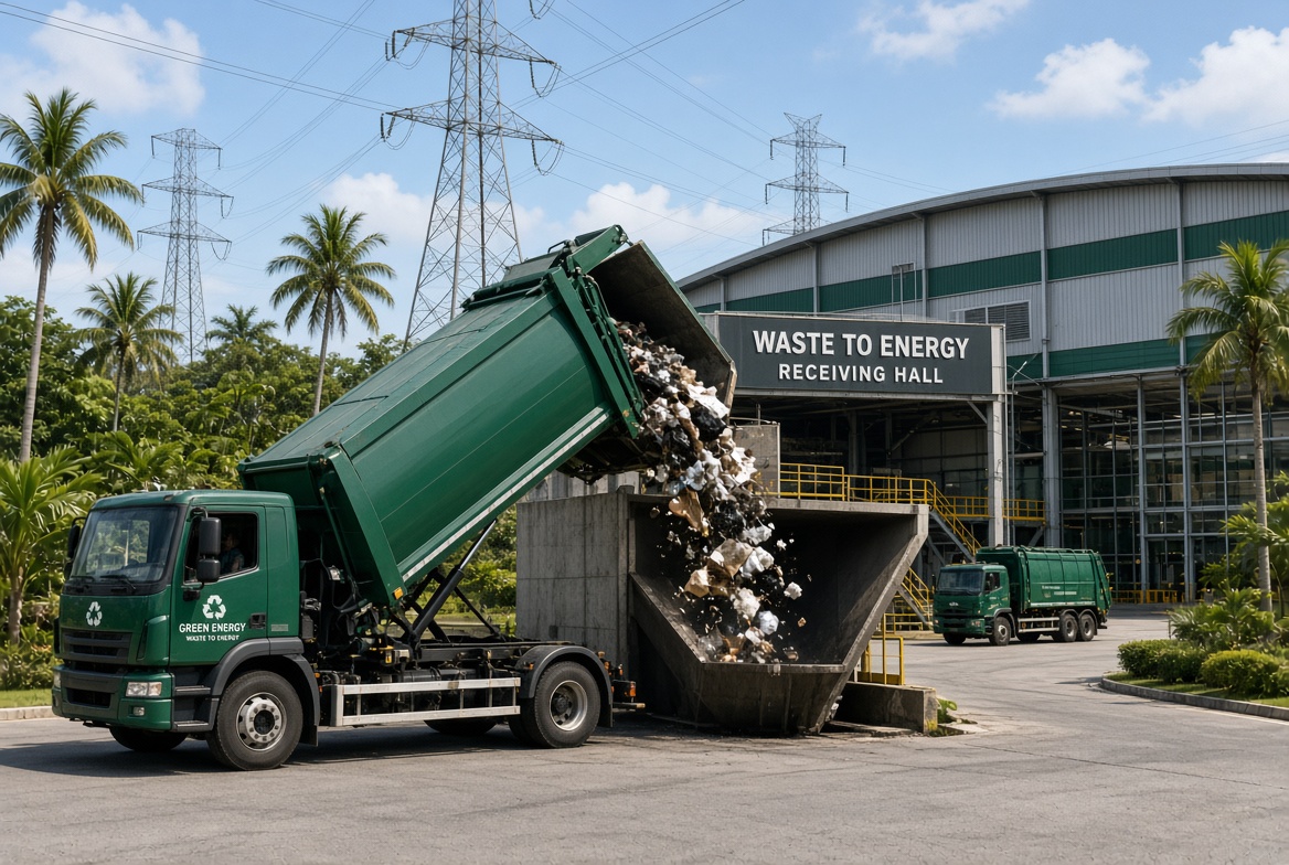Waste-to-energy hall with truck tipping into hopper